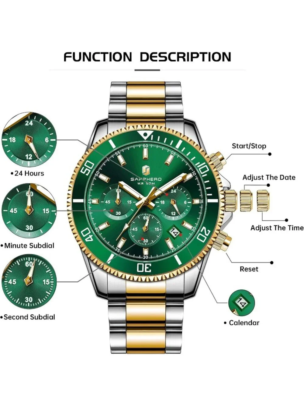 Men's Gold Silver Strap Green Face Chronograph Stainless Steel Waterproof  Watch